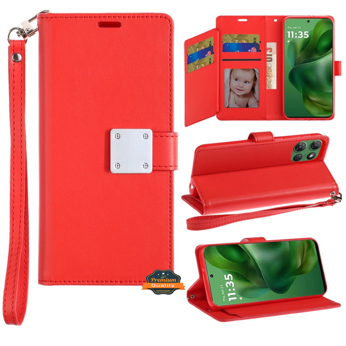 For Samsung Galaxy S21 Ultra Wallet Case with ID/ Card Holder, Wristlet Strap, Magnetic TPU Protective Shockproof Folio Flip Case Cover Red