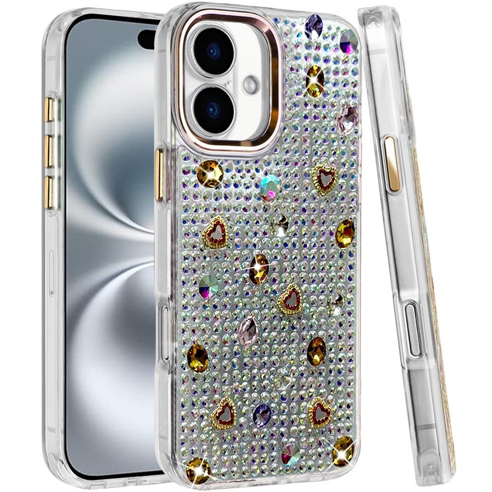 Phone Case for Apple iPhone 16 Chrome Fashion Hybrid Bling Diamond Heart Rhinestone Decorative Stones Sparkling Embellished Design Cover Gold