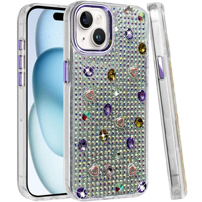 Phone Case for Apple iPhone 15 Plus Chrome Fashion Hybrid Bling Diamond Heart Rhinestone Decorative Stones Sparkling Embellished Design Cover