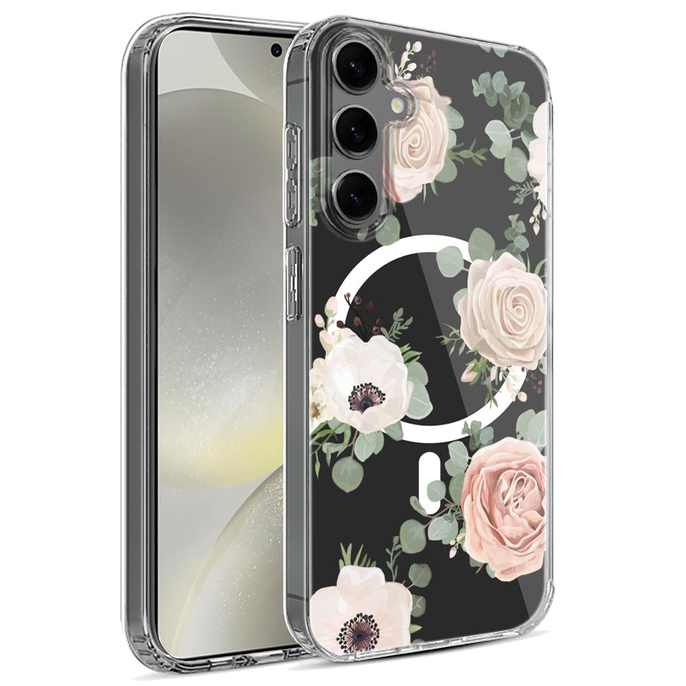 For Samsung Galaxy S25 /S24 Hybrid Flower Design Stylish Fashion Case, MagSafe Compatible, Thick Shockproof Hard PC Case Cover