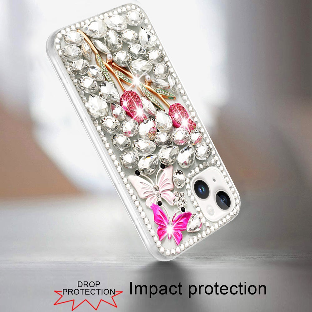 Phone Case for Apple iPhone 15 Plus Luxury Full Diamond Glitter 3D Floral Ornament Hybrid Shockproof Stylish Rhinestone Designer Protective Elegant Cover