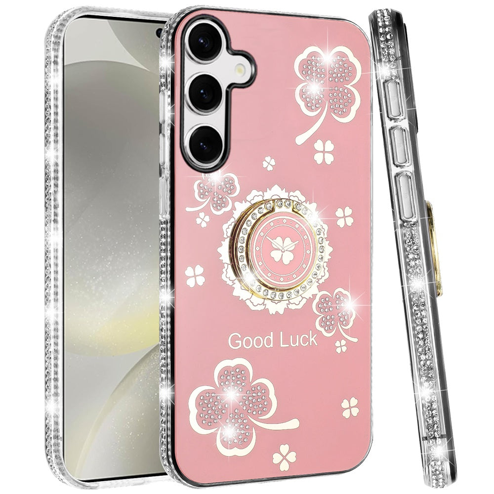 For Samsung Galaxy S25 /S24 Diamonds Bling All Around Edges Sparkly Glitter Hybrid with Ring Stand Holder Fashion Good Luck Case Cover