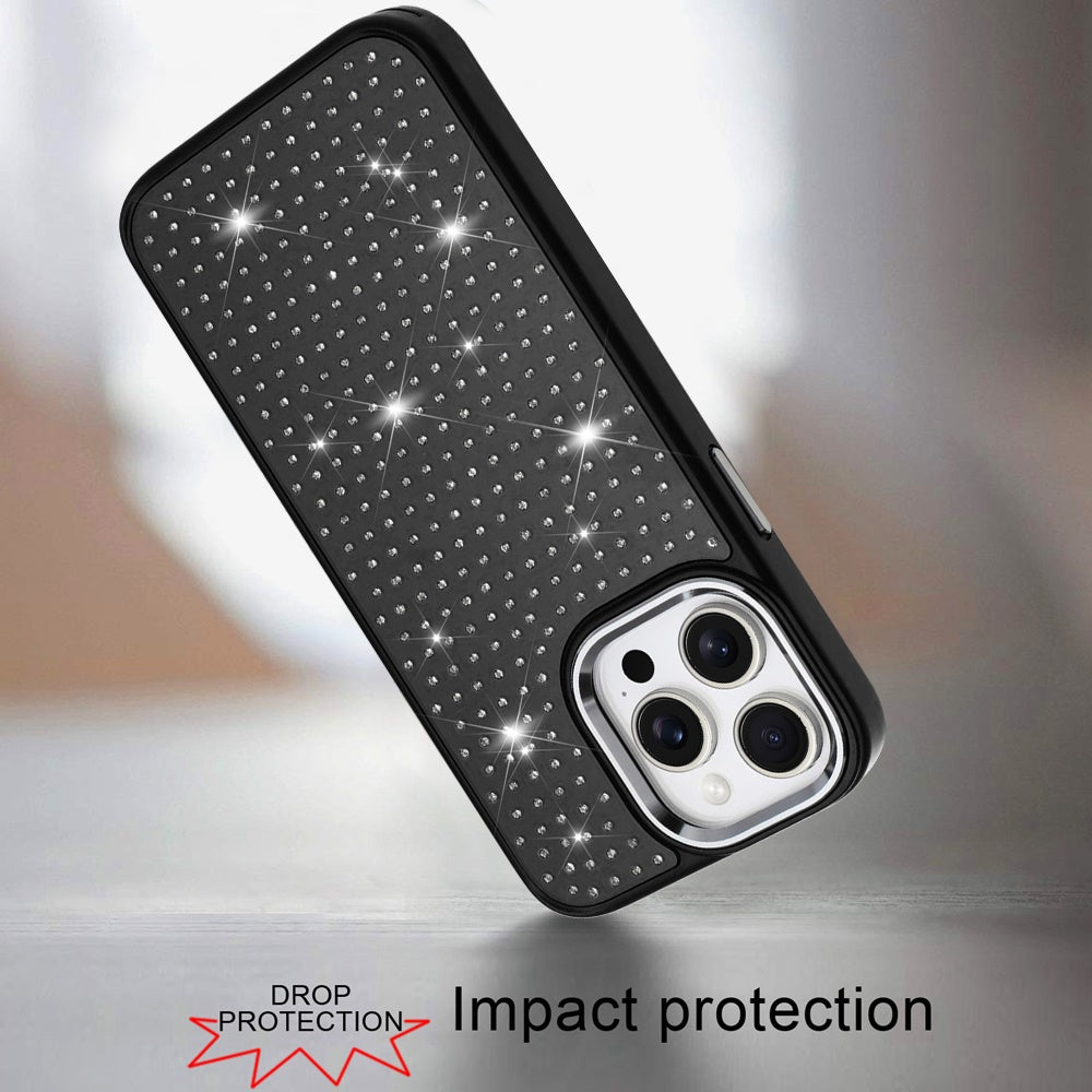 For Apple iPhone 15 Bling Diamond Metallic, Full Sparkle Chrome Edged Hybrid Protective Shockproof Case Cover