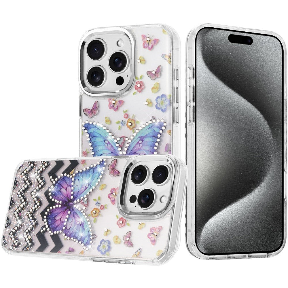 Phone Case for Apple iPhone 15 Pro Max Butterfly Resin Epoxy Diamond Bling Metal Edge Shockproof Hybrid Luxury Protective Durable Stylish Fashion Grip Cover