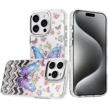 Phone Case for Apple iPhone 15 Pro Max Butterfly Resin Epoxy Diamond Bling Metal Edge Shockproof Hybrid Luxury Protective Durable Stylish Fashion Grip Cover