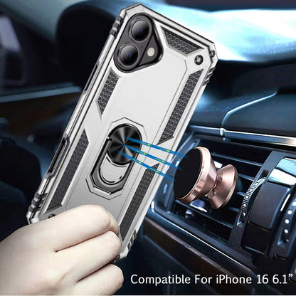 For iPhone 16 (6.1") Hybrid Shockproof Durable 360 Degree Rotatable Ring Stand Holder Kickstand Fit Magnetic Car Mount Case Cover Silver