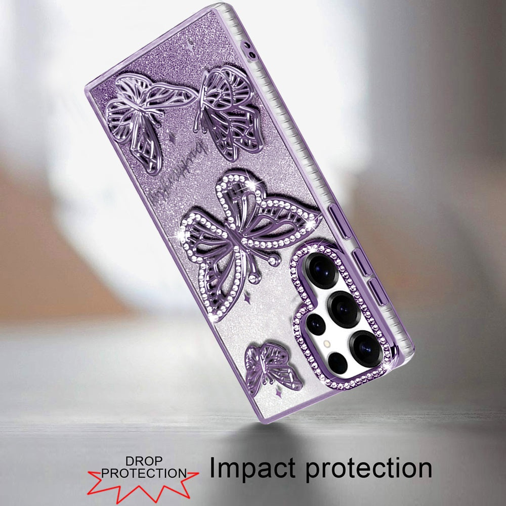 For Samsung Galaxy S23 Ultra Luxury Butterfly Sparkle Glitter Diamond Crystal Rhinestone Shimmer Bling Plating Thick TPU Hard PC Case Cover