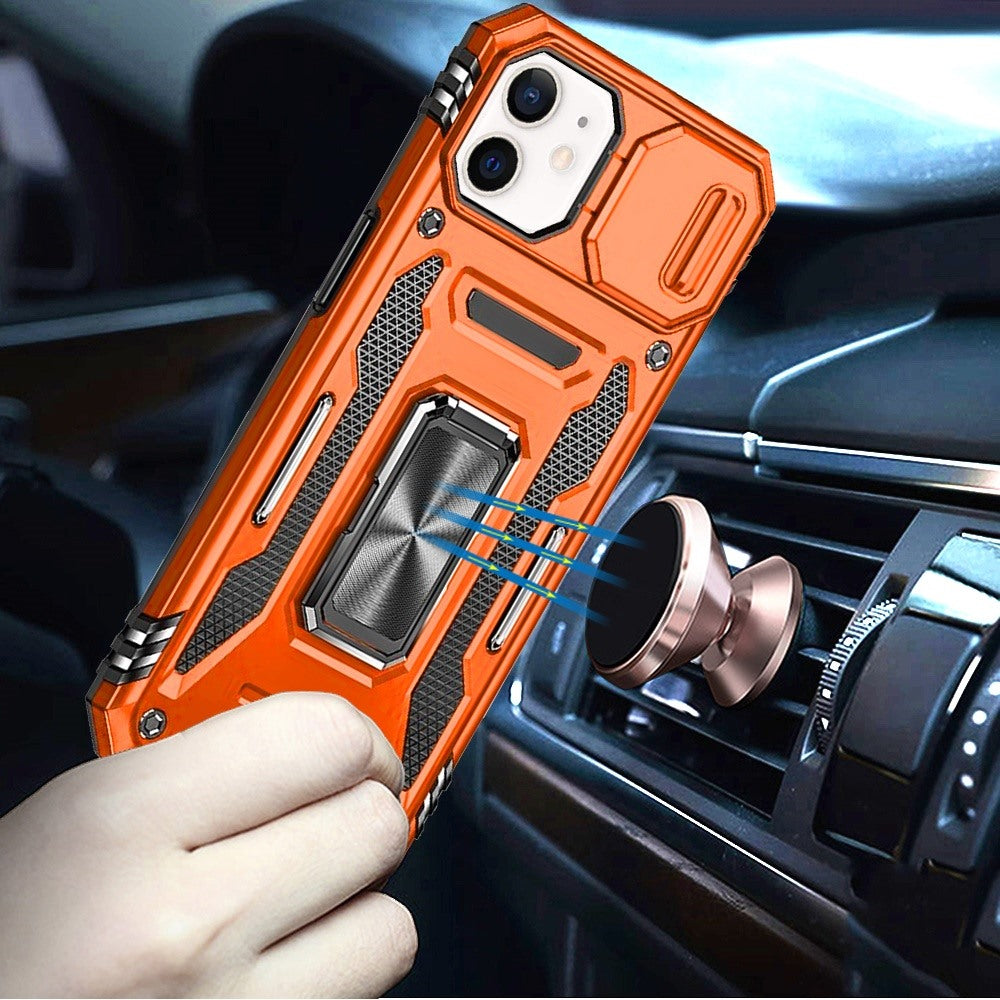For Apple iPhone 11 Tough Hybrid Case with Movable Camera Window & Metal Ring Stand Shockproof Case Cover Cosmic Orange