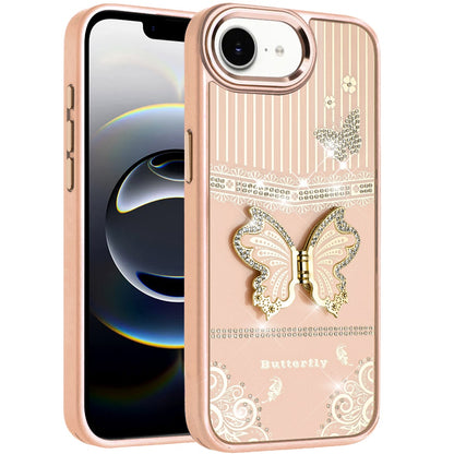 For Apple iPhone 17E /16E Glitter 3D Butterfly Design Bling Metallic Edge Hybrid Stand Drop Protection TPU Shockproof Case Cover