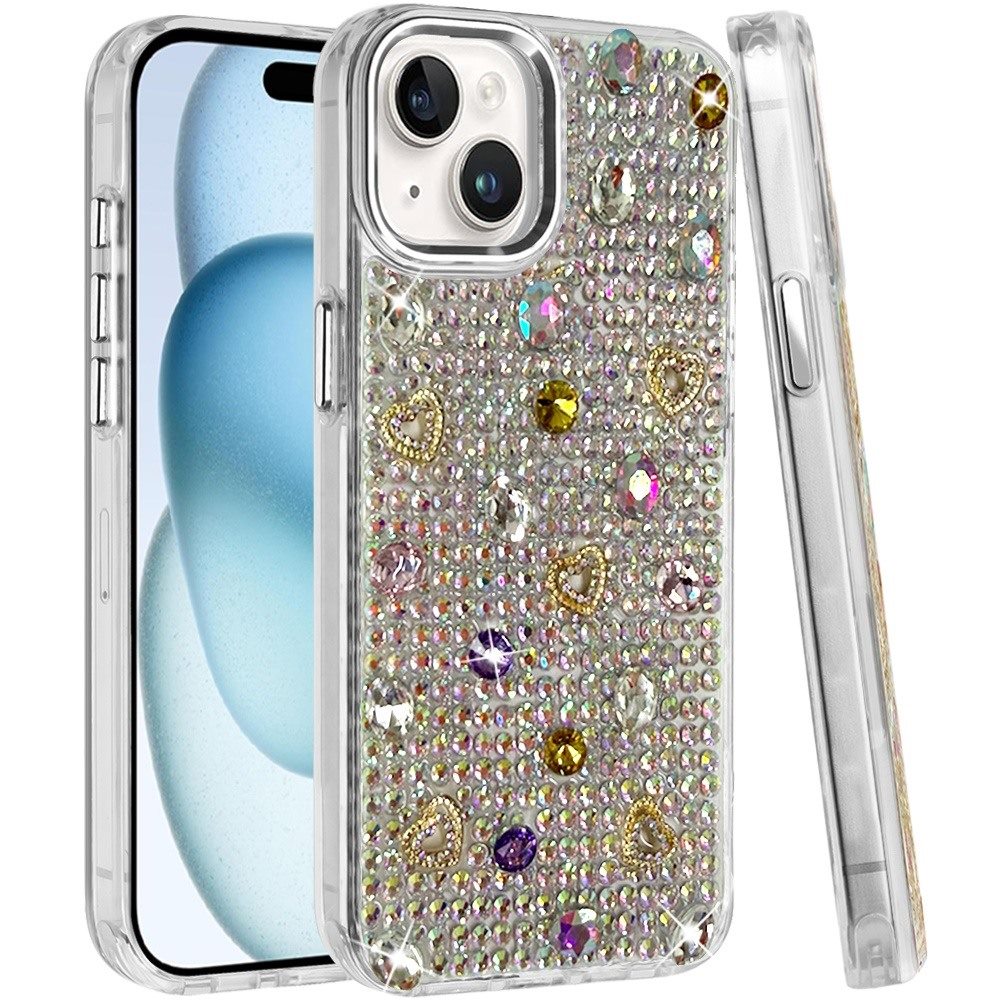 Phone Case for Apple iPhone 15 Plus Chrome Fashion Hybrid Bling Diamond Heart Rhinestone Decorative Stones Sparkling Embellished Design Cover