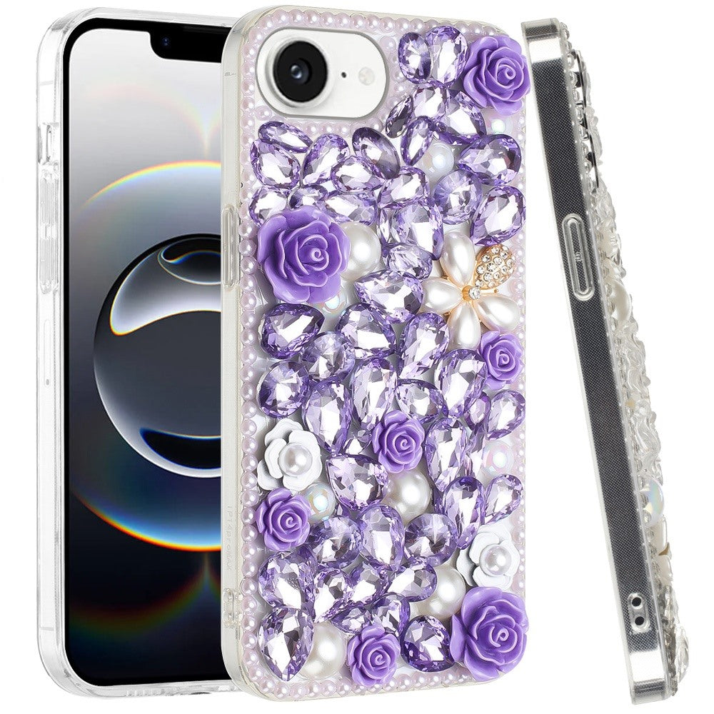 For Apple iPhone 17E /16E Fashion Rose Flower Floral, 3D Bling Crystal Full Diamonds Pearl Sparkle Rhinestone Glitter Hybrid Case Cover Purple