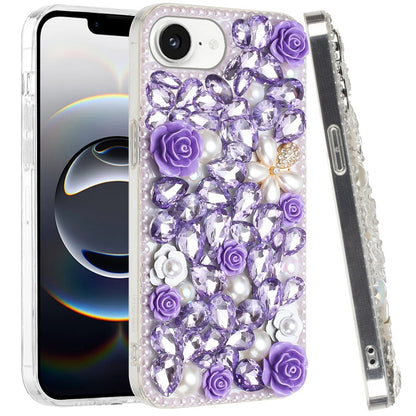 For Apple iPhone 17E /16E Fashion Rose Flower Floral, 3D Bling Crystal Full Diamonds Pearl Sparkle Rhinestone Glitter Hybrid Case Cover Purple