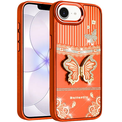 Phone Case for Apple iPhone 17E /16E Glitter Bling Butterfly Stand Metallic Edge Hybrid Shockproof Grip Durable Camera Protection Stylish Design Cover Cosmic Orange