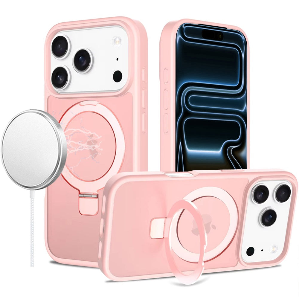 Phone Case for Apple iPhone 18 Pro/ 17 Pro Magnetic Ring Stand Full Rotation Matte Shockproof Grip Anti Slip Durable Camera Protection Hybrid Cover Pink