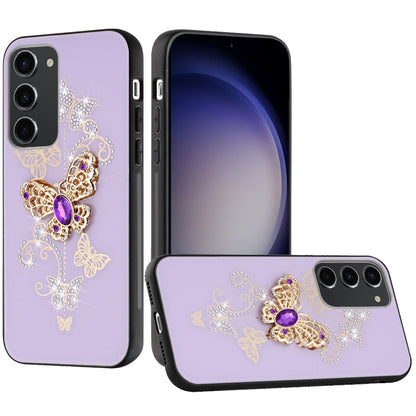 For Apple iPhone 16e Diamonds 3D Butterfly Bling Sparkly Glitter Ornaments Engraving Hybrid Metal Fashion Case Cover Purple Garden Butterflies