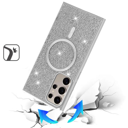 Phone Case for Samsung Galaxy S25 Ultra Magnetic Bling Diamond Sparkle Hybrid Shockproof Rugged Grip Durable Protection Anti-Slip Armor Design Cover White