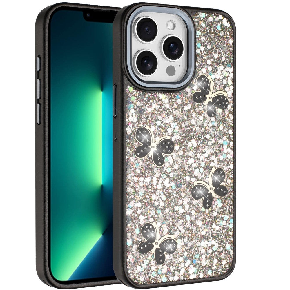 Phone Case for Apple iPhone 13 Pro Max Cute Butterfly Diamond Glitter Metallic Hybrid Shockproof Shimmer Grip Stylish Protective Luxury Designer Cover Black