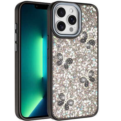 Phone Case for Apple iPhone 13 Pro Max Cute Butterfly Diamond Glitter Metallic Hybrid Shockproof Shimmer Grip Stylish Protective Luxury Designer Cover Black