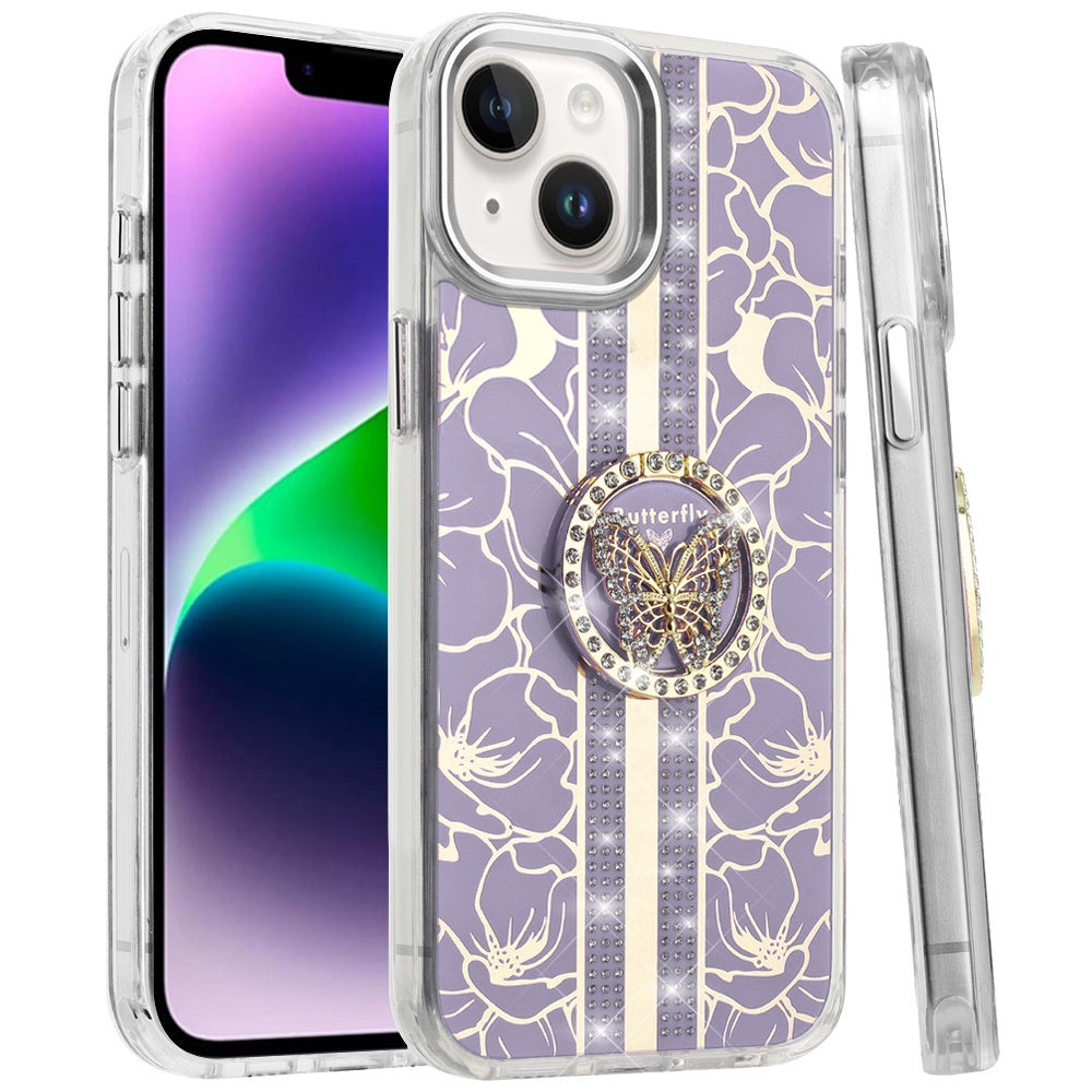 Phone Case for Apple iPhone 14 /iPhone 13 Floral Butterfly Ring Stand Glitter Bling Shockproof Hybrid Luxury Fashion Protective Anti Slip Durable Grip Cover