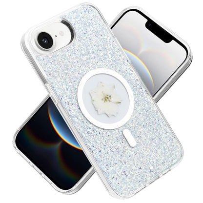 For Apple iPhone 17E /16E MagSafe Compatible Glitter Flower Epoxy Hybrid Slim TPU Case, Magnetic Circle Design, Sparkly Bling Protective Case Cover