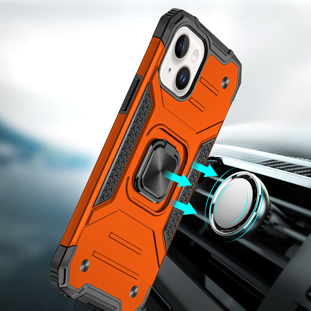 For iPhone 14/13 (6.1") Armor Hybrid Magnetic Stand with Ring Holder Kickstand Shockproof Heavy-Duty Durable Rugged TPU Dual Layer Case Cover Cosmic Orange