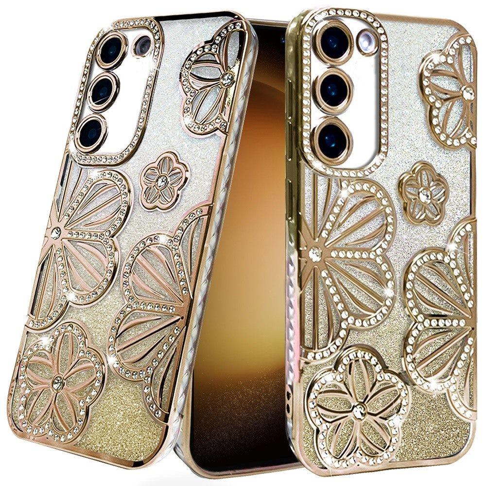 Phone Case for Samsung Galaxy S23 Shimmer Glitter Floral Thick TPU Shockproof Durable Grip Camera Protection Anti-Scratch Stylish Design Cover Gold