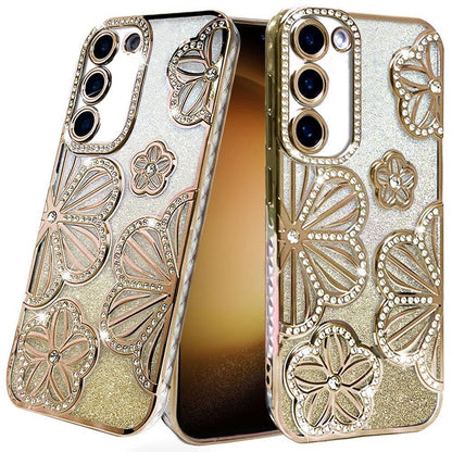 Phone Case for Samsung Galaxy S23 Shimmer Glitter Floral Thick TPU Shockproof Durable Grip Camera Protection Anti-Scratch Stylish Design Cover Gold