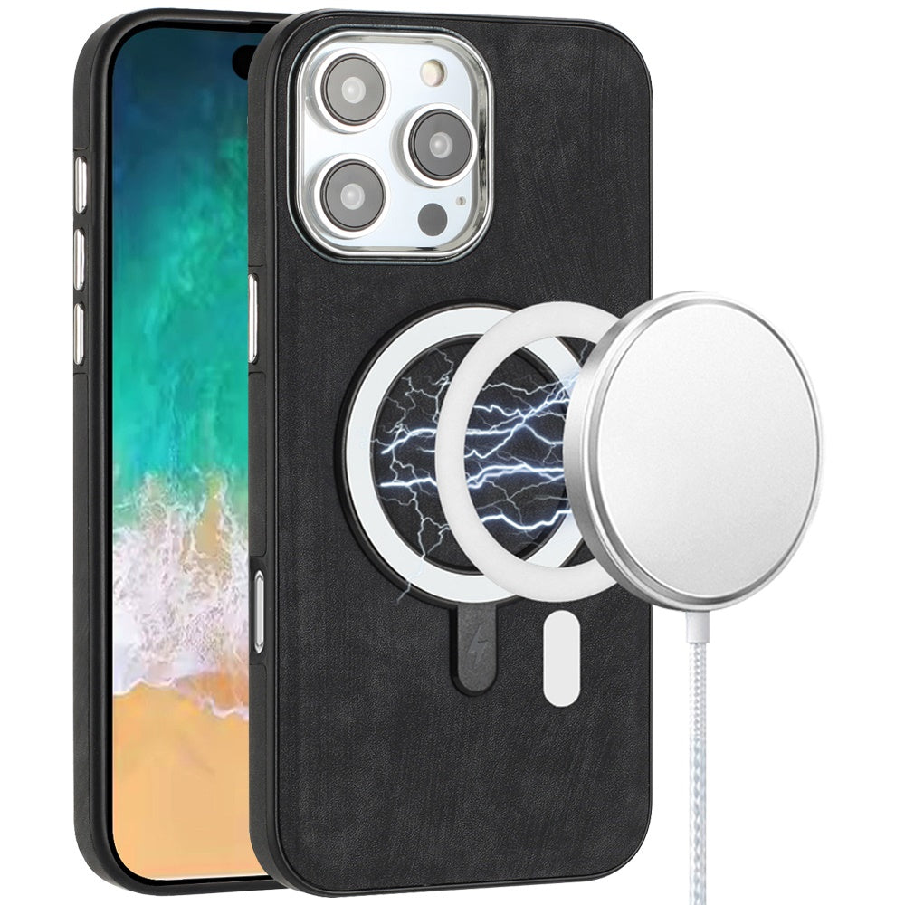 For Apple iPhone 16 Pro Max (6.9") PU Vegan Leather Chrome Edged Hybrid Hard PC TPU Rubber Compatible with MagSafe Case Cover