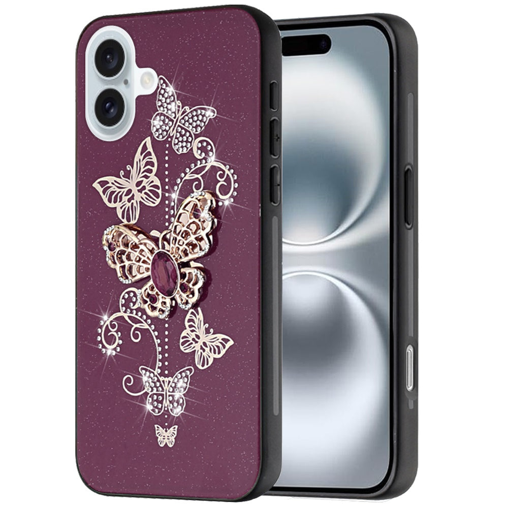 Phone Case for Apple iPhone 16 Diamond Glitter 3D Butterfly Engraved Luxury Bling Hybrid Shockproof Chrome Edge Protective Durable Grip Cover Purple