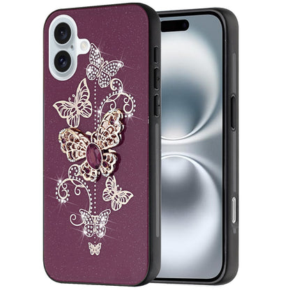 Phone Case for Apple iPhone 16 Diamond Glitter 3D Butterfly Engraved Luxury Bling Hybrid Shockproof Chrome Edge Protective Durable Grip Cover Purple