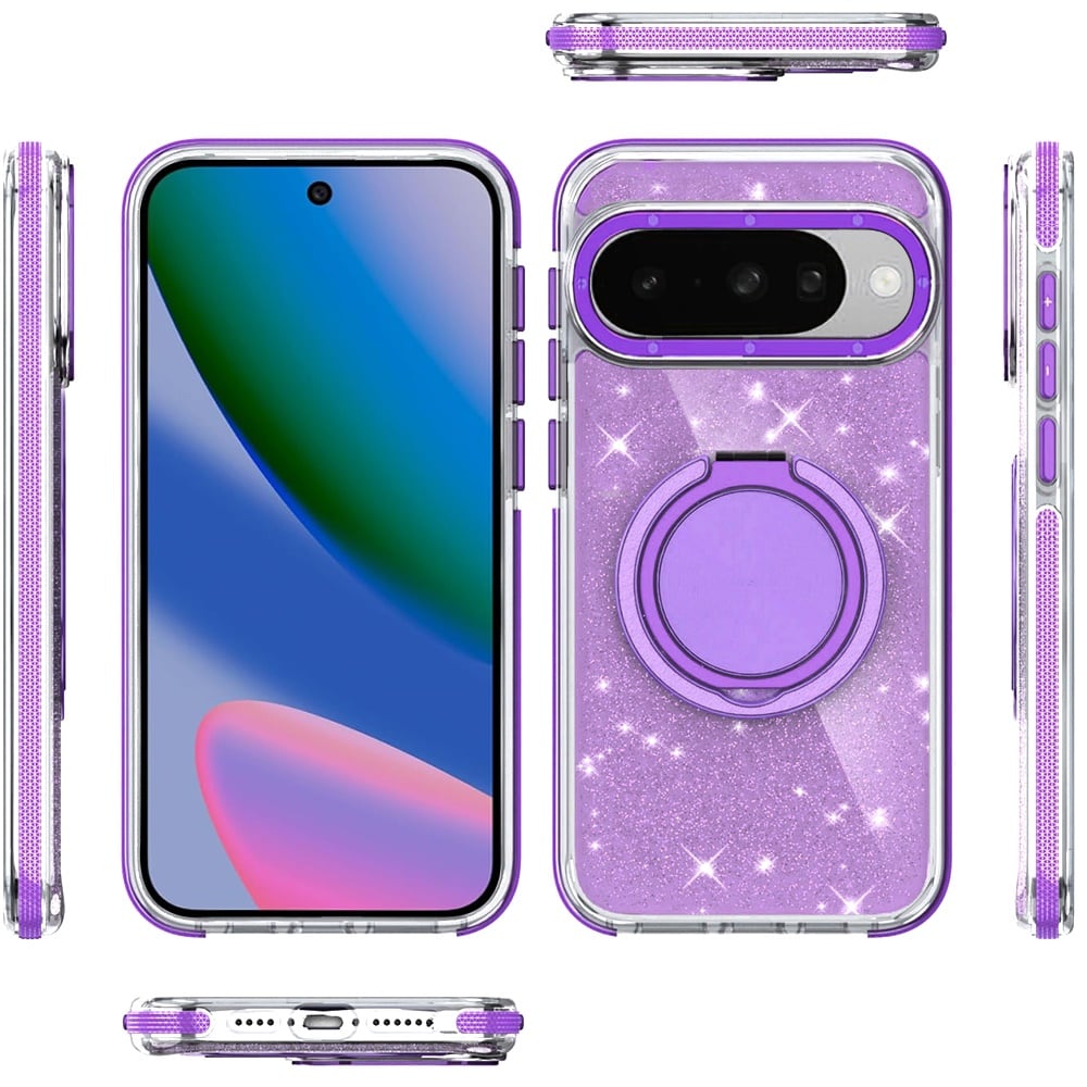 For Google Pixel 10 / 10 Pro Slim Bling Glitter Sparkly Shimmer Hybrid with Magnetic Ring and 360° Rotational Stand [Compatible with Magsafe] Case Cover
