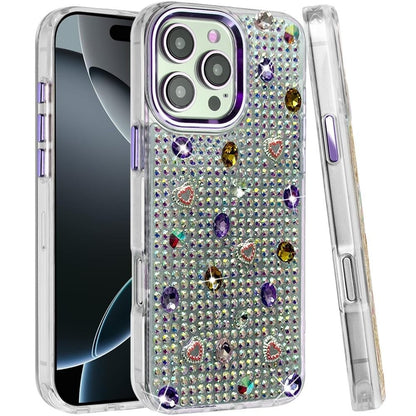 Phone Case for Apple iPhone 16 Pro Chrome Fashion Hybrid Bling Diamond Heart Rhinestone Decorative Stones Sparkling Embellished Design Cover