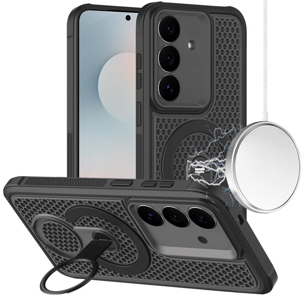 Phone Case for Samsung Galaxy S25 FE, S25 Fan Edition Magnetic Honeycomb Hybrid Rugged Armor Ring Kickstand Dual Layer Shock Absorbing Hard PC Soft TPU Cover