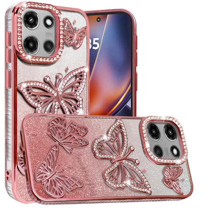 For Motorola Moto G 5G 2025 Luxury Butterfly Sparkle Glitter Diamond Crystal Rhinestone Shimmer Bling Plating Thick TPU Hard PC Case Cover