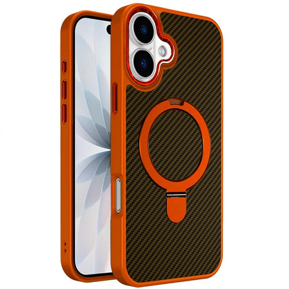 Phone Case for Apple iPhone 17 Carbon Fiber Magnetic Ring Stand Hybrid Shockproof AntiSlip Grip Kickstand Military Drop Protection Matte Finish Cover Cosmic Orange