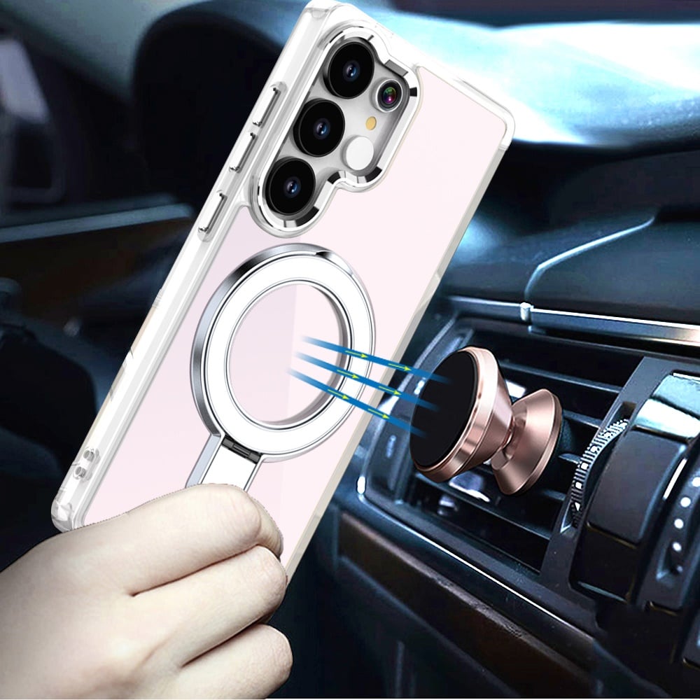 Phone Case for Samsung Galaxy S25 Ultra Chrome Magnetic Ring Stand Rotational Shockproof Hybrid Kickstand Metal Finish Rugged Drop Protection Armor Cover