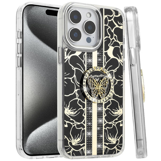 For iPhone 15 Pro Max (6.7") Diamonds 3D Butterfly Floral Design Bling Sparkly Glitter Hybrid Metal Fashion with Ring Stand Case Cover