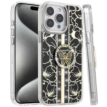 For iPhone 15 Pro Max (6.7") Diamonds 3D Butterfly Floral Design Bling Sparkly Glitter Hybrid Metal Fashion with Ring Stand Case Cover