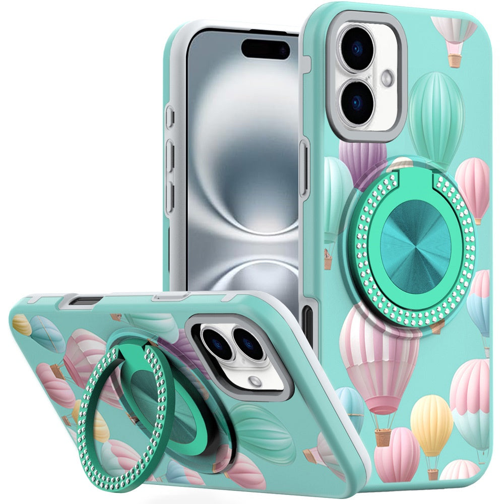 For Apple iPhone 16 Plus Pattern Design Hybrid with Invisible Ring Stand & Magnetic Back, Shockproof Protective Grip Case Cover Hot Air Balloon