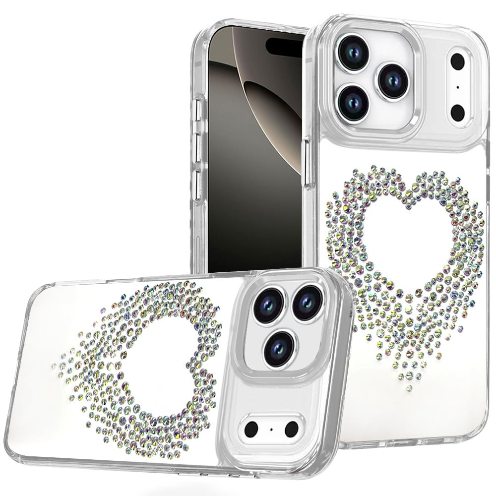 For Apple iPhone 17 Pro (6.3") Angel Hearts Bling Glitter Diamond Hybrid TPU Cover, Colorful Frame Shockproof Protective Back Case Cover Silver