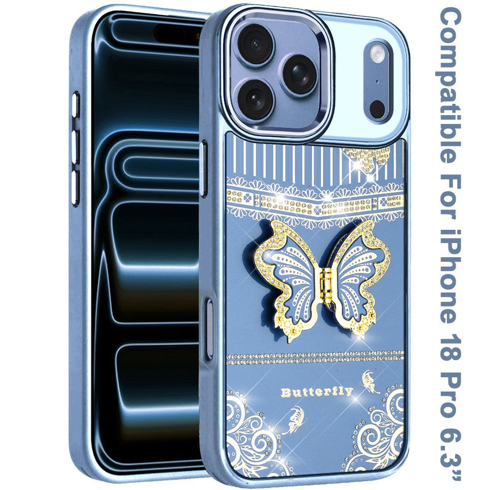 Phone Case for Apple iPhone 18 Pro Glitter Bling Butterfly Stand Metallic Edge Hybrid Shockproof Grip Durable Camera Protection Stylish Design Cover