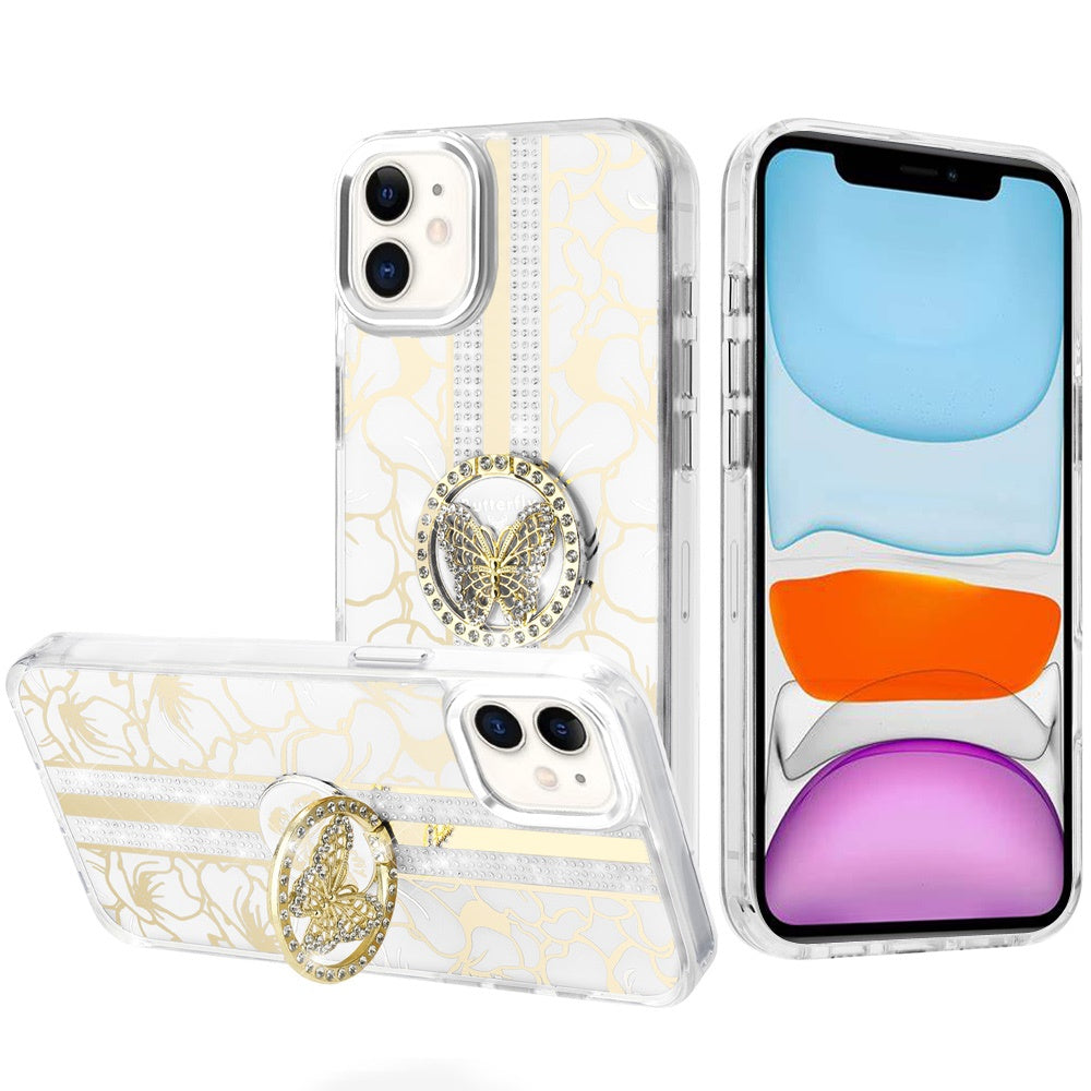 For Apple iPhone 11 Diamonds 3D Butterfly Floral Design Bling Sparkly Glitter Hybrid Metal Fashion with Ring Stand Case Cover