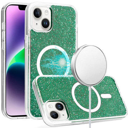 Phone Case for iPhone 14/13 Hybrid Construction Shockproof MagSafe Magnetic Circle 2.5mm Thick Epoxy Glitter Protective Design Magnetic Accessory Compatible Cover Green