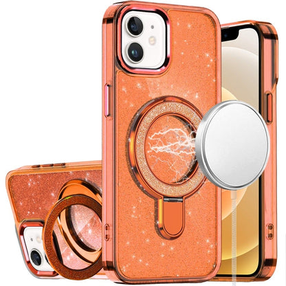 For iPhone 12 / iPhone 12 Pro (6.1") Transparent Glitter Bling Case with Rotating Magnetic Ring Stand, Shockproof Hybrid Case Cover Cosmic Orange