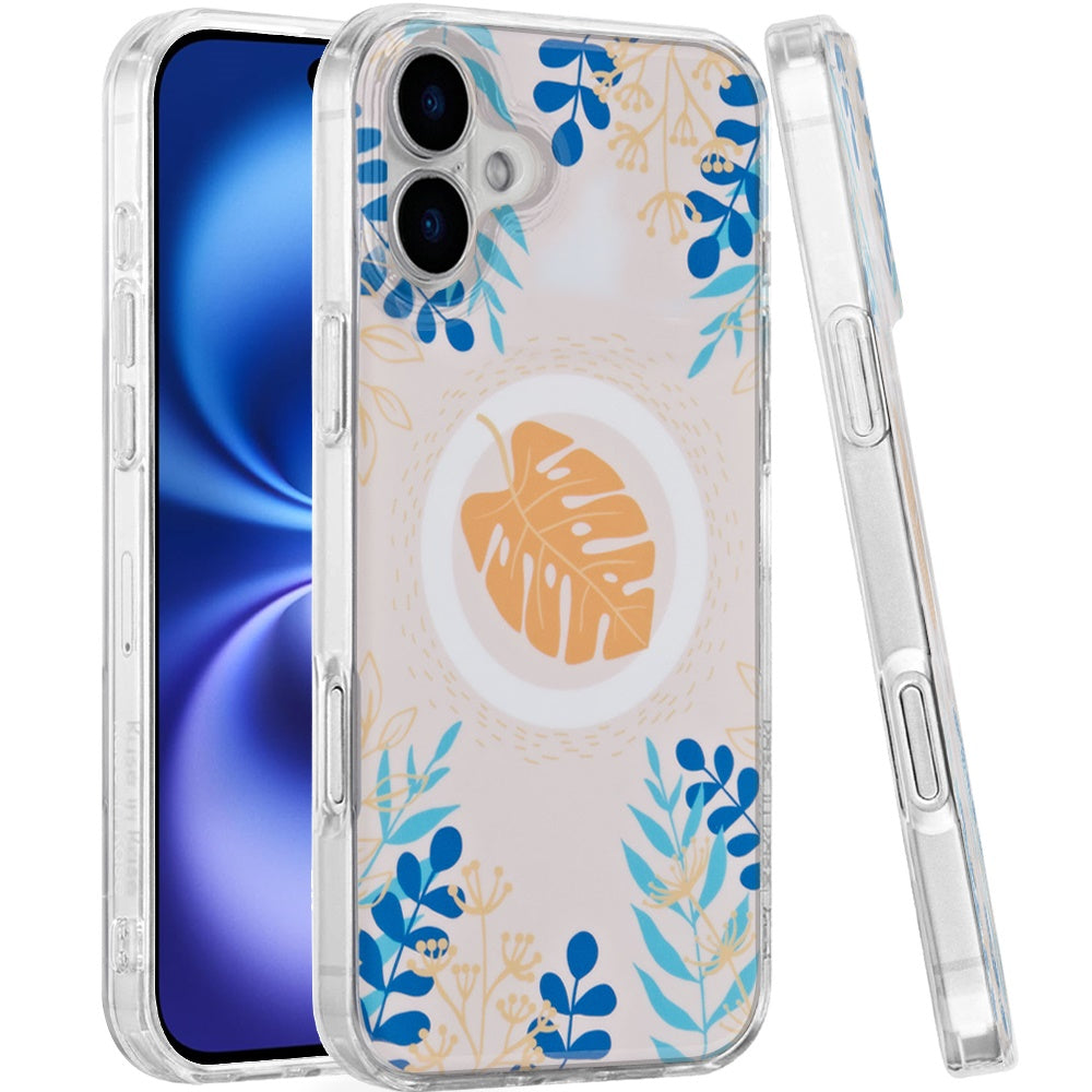 For Apple iPhone 17 Stylish Pattern Fashion IMD Printed Design TPU Double Layer Slim Shockproof with Magnetic Back Case Cover Tropical Flowers