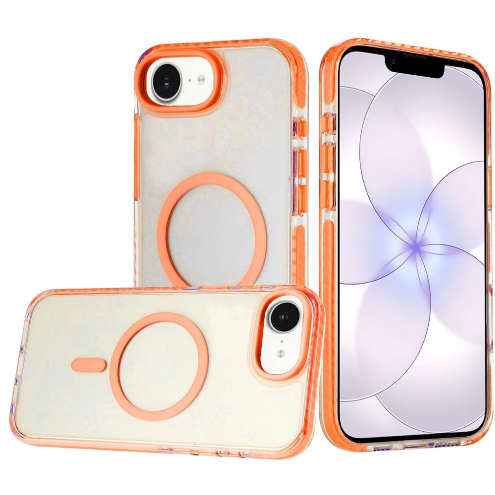 For Apple iPhone 17E /16E Transparent Hybrid with Color-Matched Magnetic Circle, Rubber TPU Frame Hard PC Shockproof Case Cover Cosmic Orange