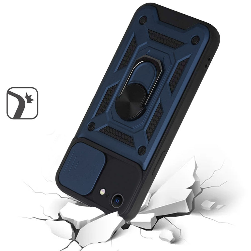 For Apple iPhone 16e Hybrid Case with Slide Camera Lens Cover, Ring Kickstand, Heavy-Duty Dual Layer TPU, Fit Magnet Car Mount Case Cover