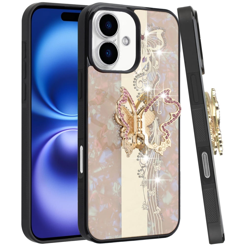 For Apple iPhone 17 (6.3") Diamonds 3D Fashion Bling Sparkly Glitter Ornaments Engraving Hybrid with Ring Stand Case Cover