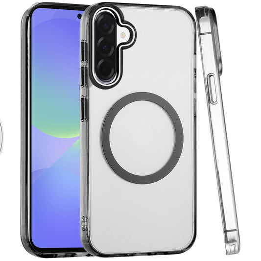 For Samsung Galaxy A37 Transparent Back Hybrid Case - Magnetic Circle, Color Frame, Metal Buttons, MagSafe Compatible Case Cover Black
