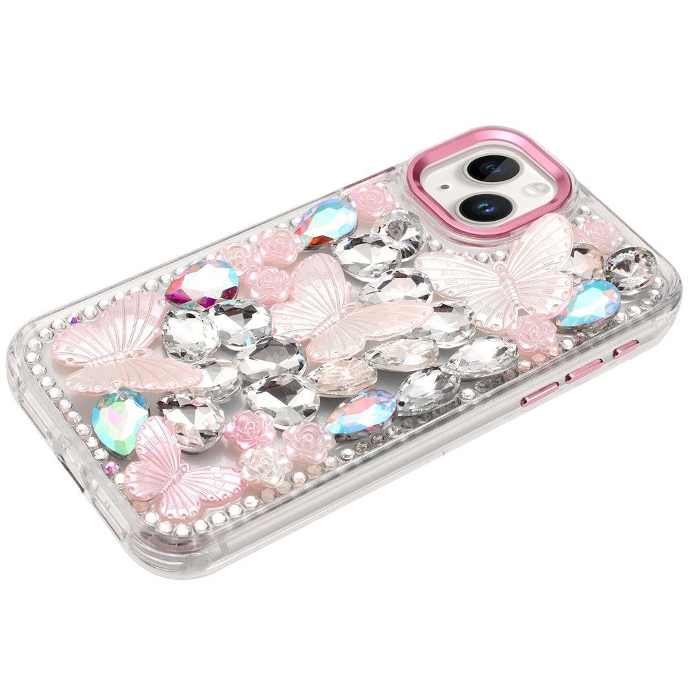 For Apple iPhone 15 3D Diamond Floral Butterfly Bling Stone Hybrid, Sparkly Rhinestone Gemstone Back Shockproof Case Cover